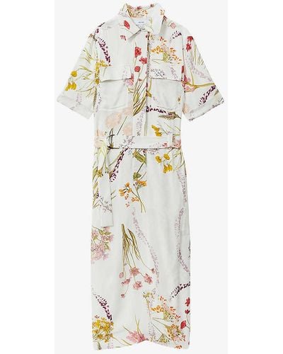Reiss Faya Floral-print Belted Woven Midi Dress - White