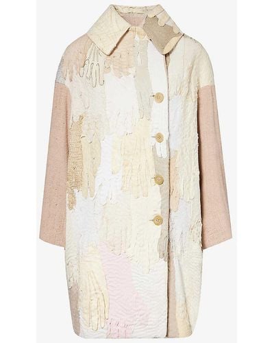 By Walid Cocoon Patchwork-panel Suede And Linen-blend Coat - White