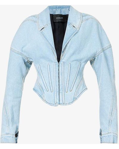 Mugler Corset-boning Contrast-stitching Organic-denim Jacket - Blue