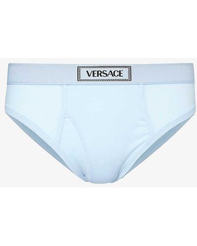 Versace Logo-waistband Stretch-cotton Brief - Blue