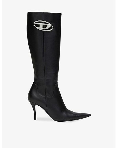 DIESEL D-venus Brand-plaque Leather Heeled Knee-high Boots - Black