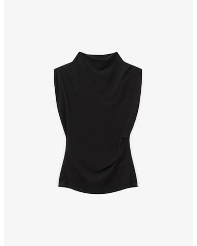 Reiss Eva Asymmetric-drape Stretch-woven Top - Black