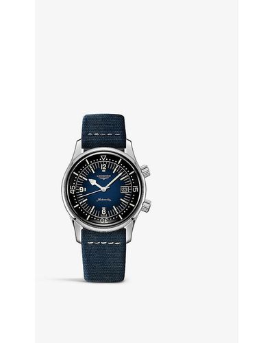 Longines L37744902 Legend Diver Stainless-steel And Leather Automatic Watch - Blue