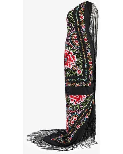 Conner Ives Piano Floral-embroidered Fringed Silk Gown - Black