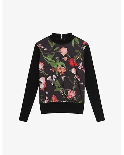 Ted Baker Frasiee Floral-panel Long-sleeve Knitted Sweater - Black