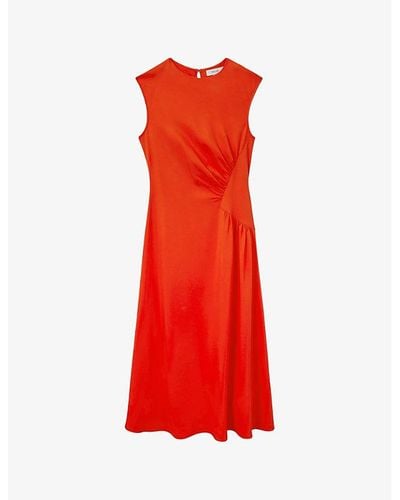 Reiss Stacy Ruched-waist Stretch-woven Midi Dress - Red