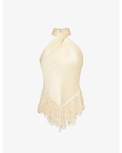 Rabanne Fringed-trim Slim-fit Stretch-woven Top - Natural