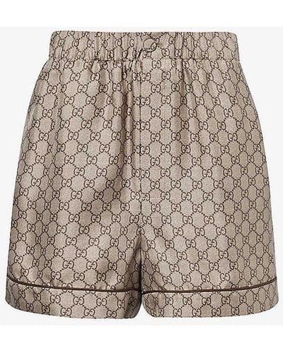 Gucci Monogram-pattern High-rise Silk Shorts - Natural