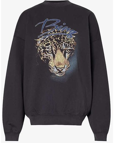 Anine Bing Leopard Graphic-print Organic-cotton Jersey Sweatshirt - Blue