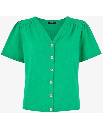 Whistles Maeve V-neck Button-down Cotton T-shirt - Green