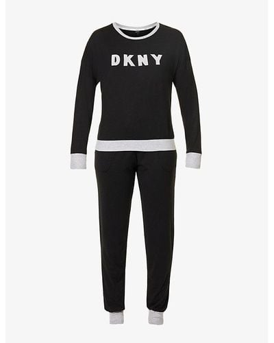 DKNY Branded Long-sleeved Cotton-blend Pajamas - Black
