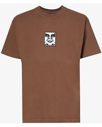 Obey Icon Brand-print Cotton-jersey T-shirt - Brown