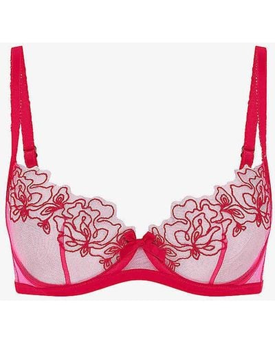 Agent Provocateur Juni Bow-embroidered Plunge Woven Underwired Bra - Pink