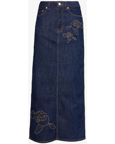 Ganni Floral-embroidered Mid-rise Stretch-organic Denim Maxi Skirt - Blue