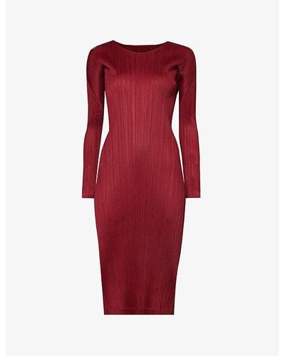 Pleats Please Issey Miyake November Pleated Knitted Midi Dress - Red