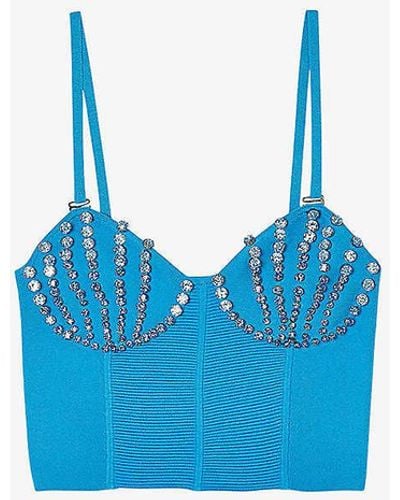 Sandro Seashell Rhinestone-embellished Knitted Crop Top - Blue