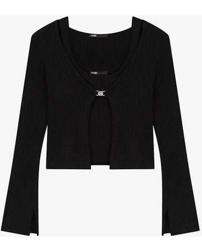 Maje Cropped Clover-logo Stretch-knit Twin Set - Black