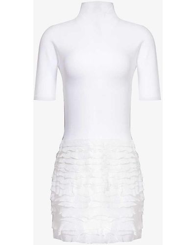 Alaïa High-neck Ruffle-hem Knitted Mini Dress - White