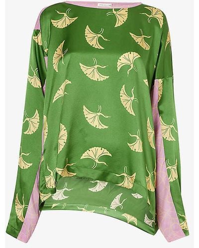 Dries Van Noten Bird-print Relaxed-fit Silk-blend Top - Green