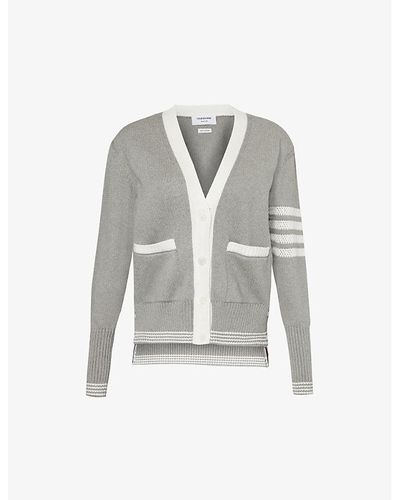 Thom Browne Brand-tab V-neck Cotton-knit Cardigan - Grey