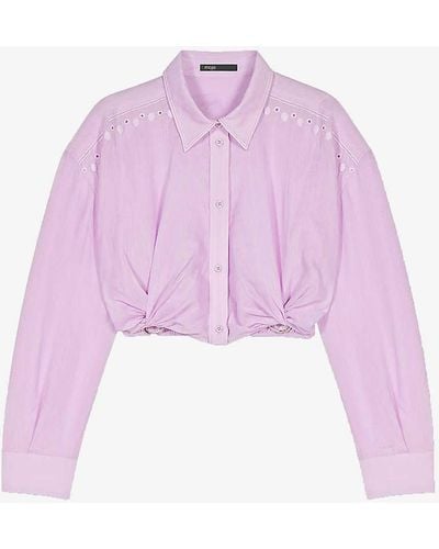 Maje Balloon-sleeve Cut-out Cropped Cotton Shirt - Pink