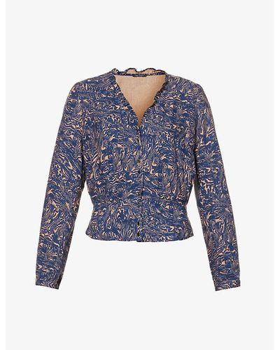 IKKS Marble-print Peplum-hem Woven Blouse - Blue