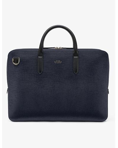 Smythson Vy Panama Slim Lightweight Leather Briefcase - Blue