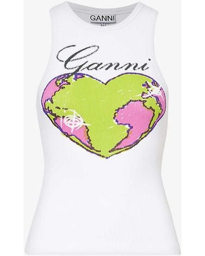 Ganni Branded-print Sleeveless Organic Cotton-blend Top - White