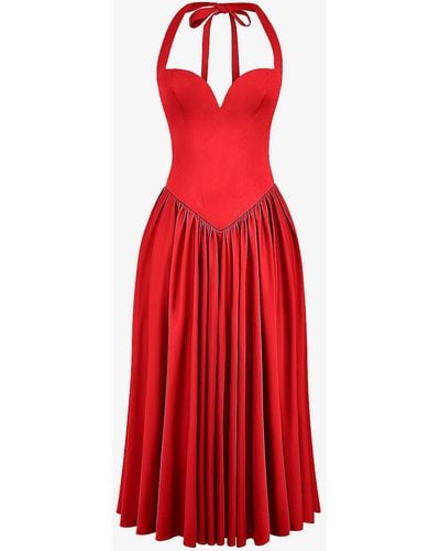 House Of Cb Coquette Sweetheart-neck Stretch-cotton Midi Dress - Red