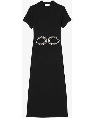 Sandro Crystal-embellished Cut-out Stretch-cotton Midi Dress - Black