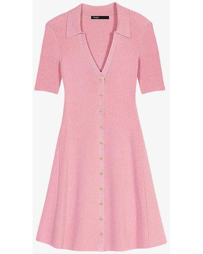 Maje Polo-collar Slim-fit Sparkle Knitted Mini Dress - Pink