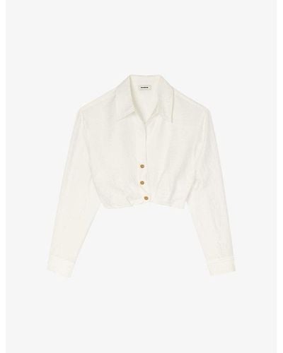 Sandro Lapel-collar Long-sleeve Cropped Linen-blend Shirt - White