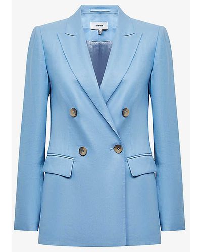 Reiss Hollie Double-breasted Linen-blend Blazer Jacket - Blue