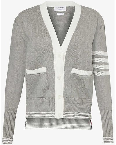 Thom Browne Brand-tab V-neck Cotton-knit Cardigan - Grey