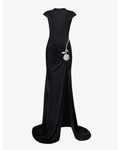 David Koma Floral-embellished Slim-fit Jersey Maxi Dress - Black
