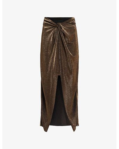 AllSaints Sami Metallic Front-knot Woven Midi Skirt - Brown