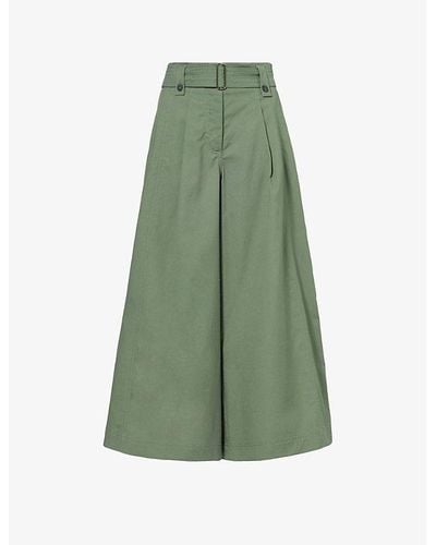 Weekend by Maxmara Recco Pleated Wide-leg High-rise Cropped Cotton-poplin Pants - Green