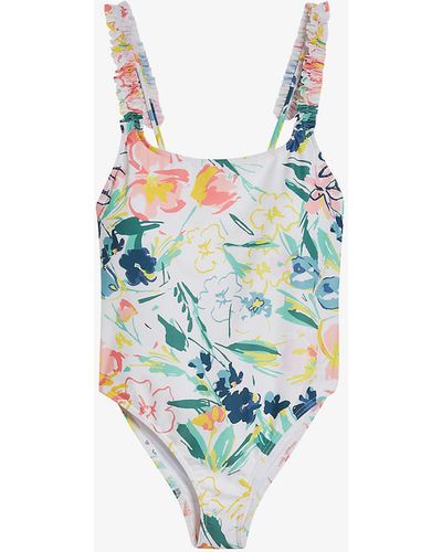 Ted Baker Gulnur Floral-print Frilled Stretch-recycled Polyester Swimsuit - White