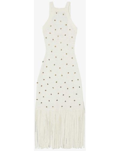 Sandro Crystal-embellished Fringe Knitted Midi Dress - White