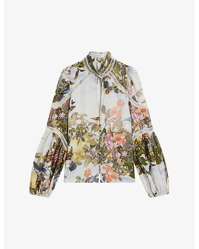 Ted Baker Luuciaa High-neck Floral-print Linen Blouse - White