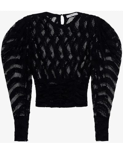 IRO Edouard Lace Puffed-sleeve Stretch Cotton-blend Top - Black