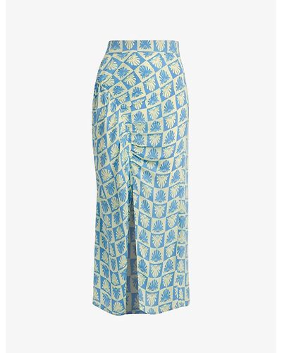 Whistles Cleo Ruched Detail Woven Midi Skirt - Blue