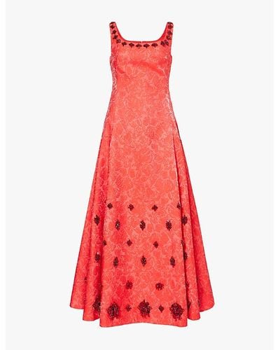 Huishan Zhang Kimberly Gem-embellished Woven Midi Dress - Red