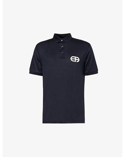 Emporio Armani Blu Vy Brand-embroidered Split-hem Jersey Polo Shirt X - Blue