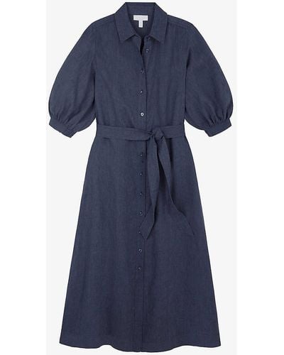 The White Company Utility Belted Linen Maxi Shirt Dress - Blue