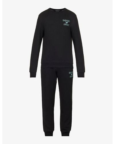 Emporio Armani Brand-print Cotton-blend Pajama Set - Black