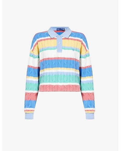 Polo Ralph Lauren Brand-embroidered Cable-knit Knitted Polo Shirt - Blue