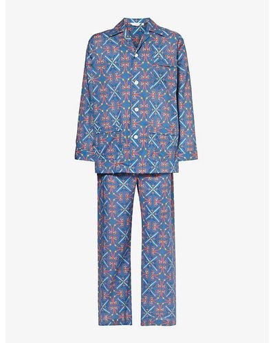 Derek Rose Ledbury Geometric-print Cotton Pajama Set - Blue
