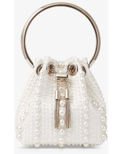 Jimmy Choo Bon Bon Micro Pearl-embellished Satin Top-handle Bag - White