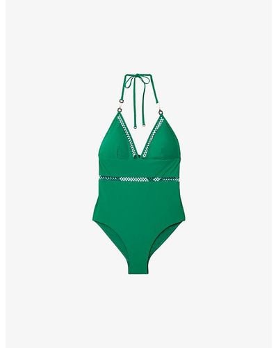 Reiss Rita Lattice-trim Halter-neck Stretch-cotton Swimsuit - Green